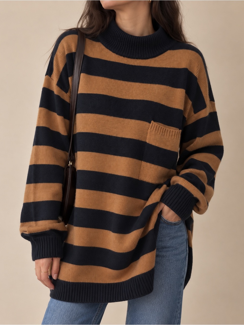 80s VTG Oversize Thick Stripe Pullover Sweater L